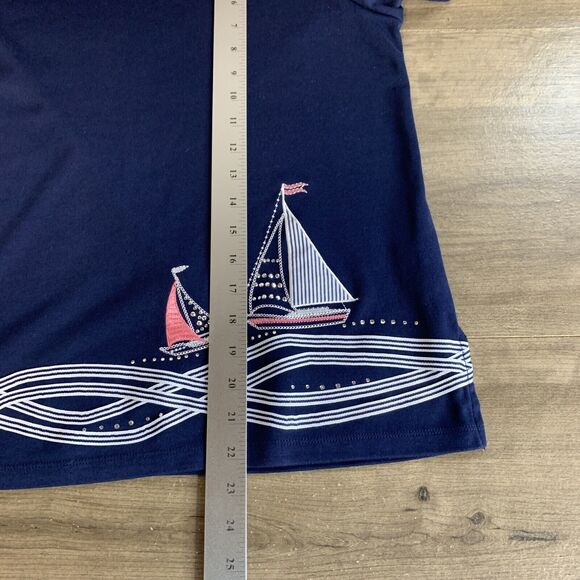 ALFRED DUNNER Womens Blouse Top Petite Small Blue Embellished Sailing Boat - Picture 9 of 10